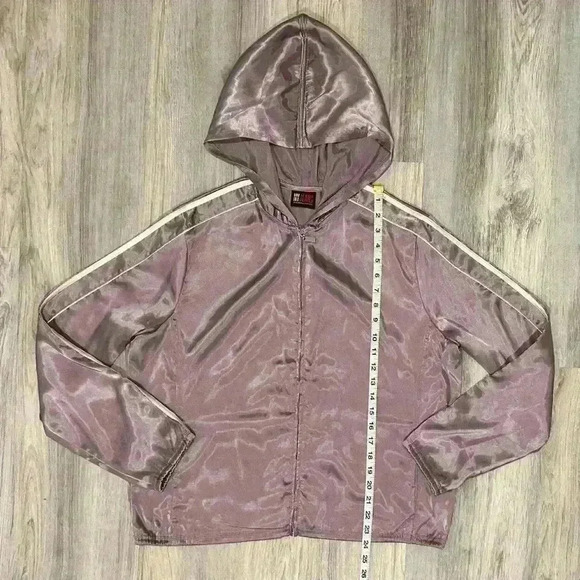 NY Jeans New York & Company Women’s Satin Hooded Zip Up Jacket Purple Size L - Picture 6 of 7